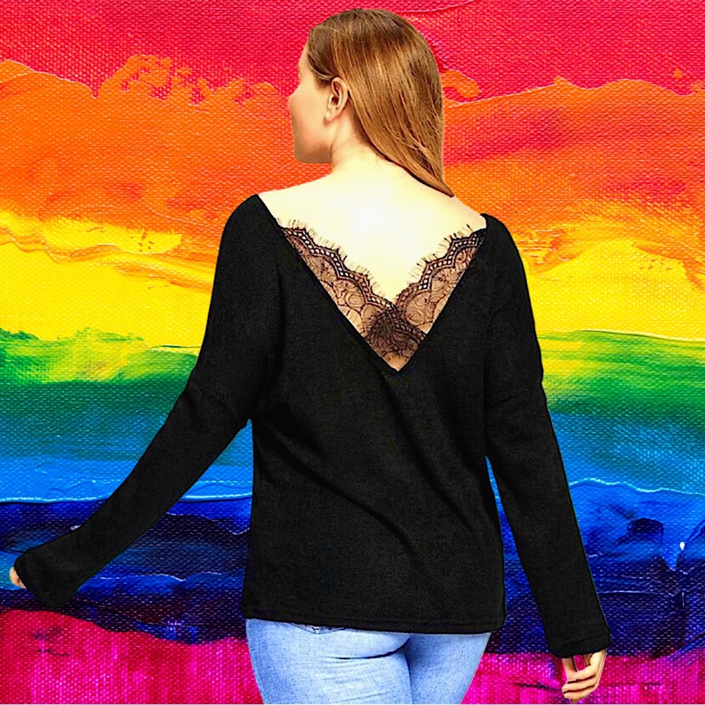 🆕Boutique Women’s plus-size Black Lace-detail Knit Swoopneck Sweater❤️❤️3X